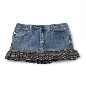 handmade upcycled Y2K blue denim skirt with striped ruffle pleated hem